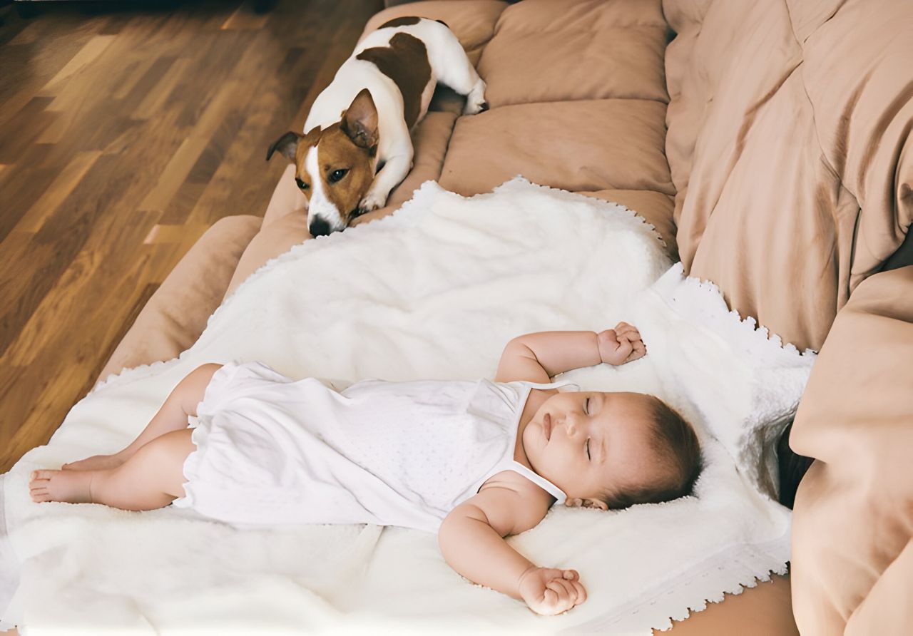 Chien avec un bébé sur un canapé